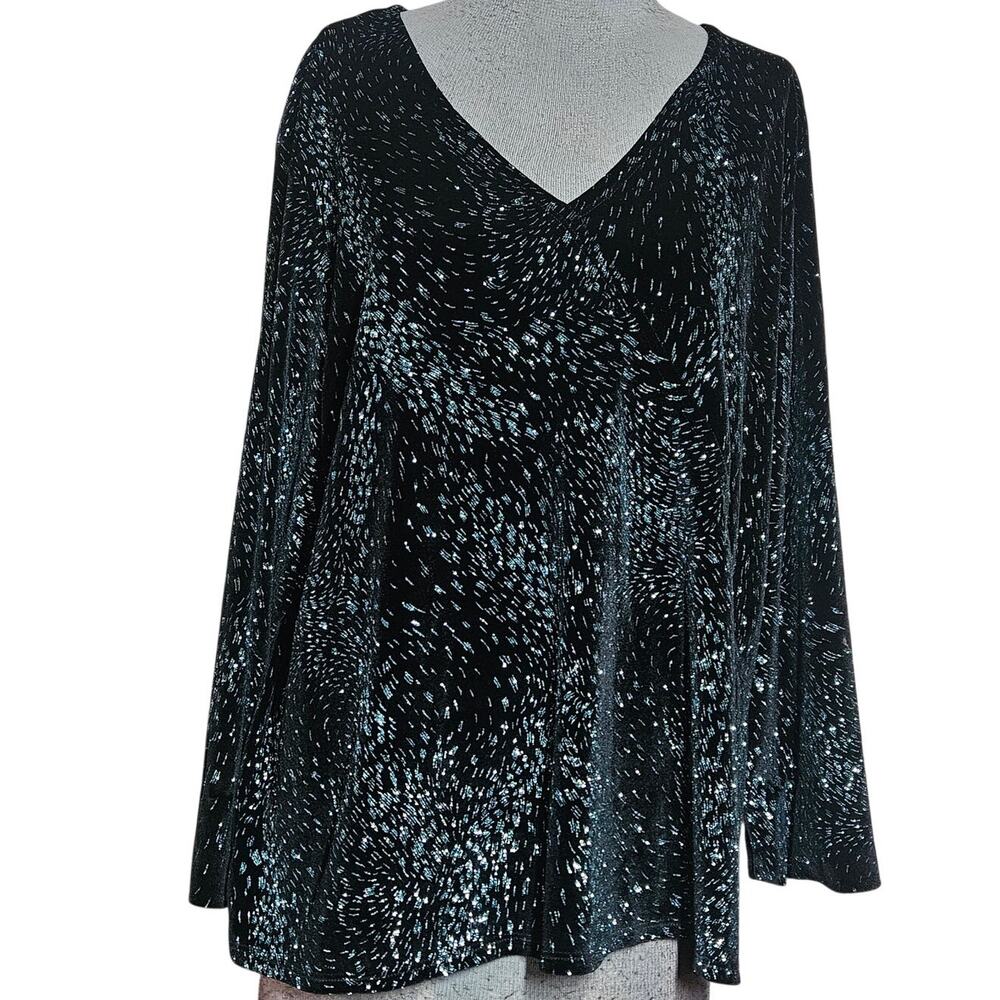Black Velvet Blue Glitter Accent V Neck Blouse Size 2X